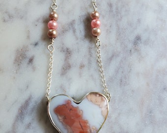Beautiful Cotton Candy Agate Heart Shaped Sterling Silver Sweetheart Pendant Necklace on a Sterling Silver Chain with Extender
