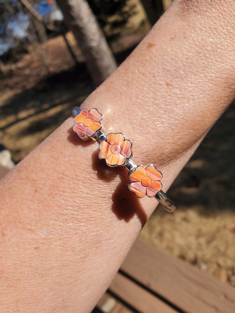 Beautiful Spiny Oyster Flower Statement Cuff Bracelet in Solid Sterling ...