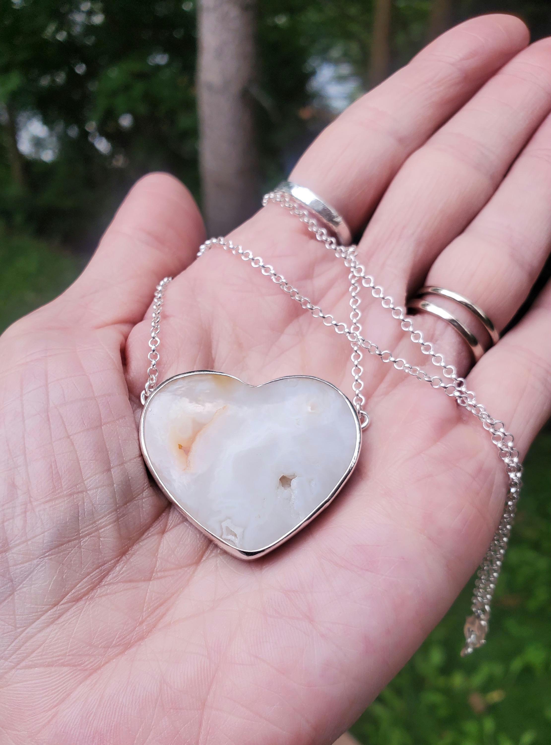 Gorgeous White Heart Pendant Necklace Snow Agate  Heart with Druzy Heart Shape Solid Sterling Silver Statement Pendant Necklace