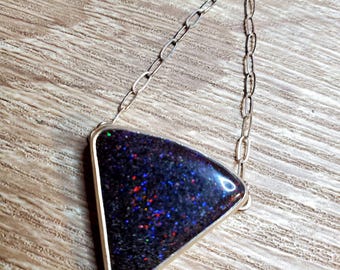 Beautiful Andamooka Opal Triangular Shape Pendant Necklace in Solid Sterling Silver on Paperclip Chain