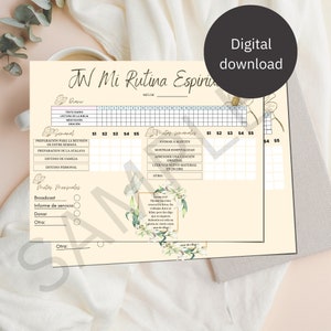 Op de afbeelding: Een printbare planner met een bloemenontwerp en de tekst "JW Mi Rutina Espiritual" in een lichtbruine lettertype. De planner bevat secties voor dagelijkse, wekelijkse en maandelijkse doelen. De planner is ontworpen om mensen te helpen hun spirituele activiteiten bij te houden.