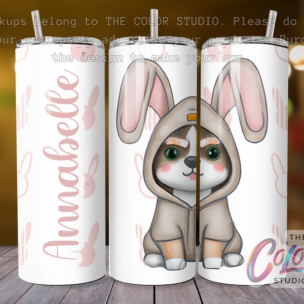 20OZ Sublimation tumbler design wrap PNG for straight skinny tumbler easter cute bunnies dog costume add your own name