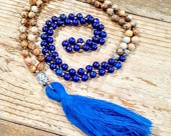 One of a kind Buddhist prayer necklace, mala necklace, 108 mala beads, meditation, lapis lazuli, picture jasper gemstone beads