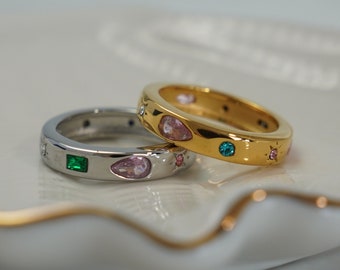 Gouden hemelse ring met meerdere kleuren edelstenen, gouden geboortesteen eeuwigheidsband, mystieke sieraden cadeau voor haar