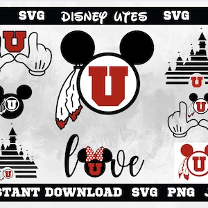 May include: A collection of SVG designs featuring the text "Disney Utes". The designs include Mickey Mouse ears with a "U" logo, a castle, and hand gestures. The color scheme is primarily black, white, and red. The words "Instant Download" are also present.