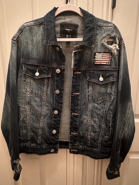 Upcycled Denim Jacket Garth Brooks Forever 21 Distressed New