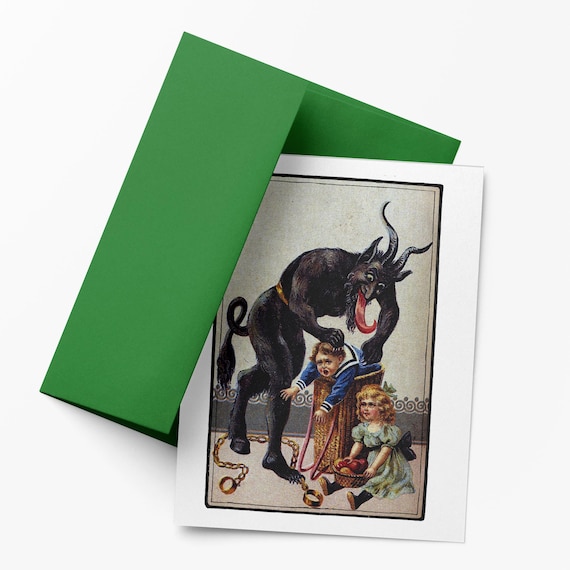 Krampus With Child in Basket: Vintage Victorian Holiday  Greeting Card