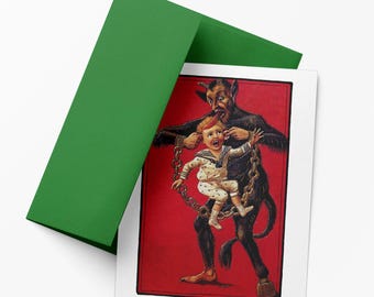 Krampus With Naughty Child in Chains: Vintage Victorian Holiday Greeting Card