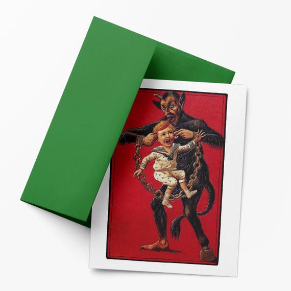 Krampus With Naughty Child in Chains: Vintage Victorian Holiday Greeting Card