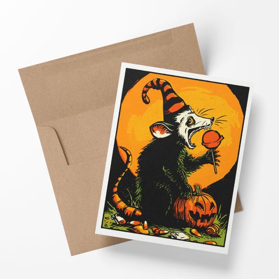 Possum Party Halloween Notecard – Mischievous Opossum Card, Retro Halloween Greeting, Blank Inside