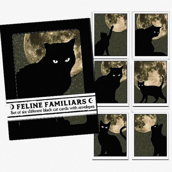 Black Cat Notecard Set: Witchy Feline Designs, Halloween Stationery