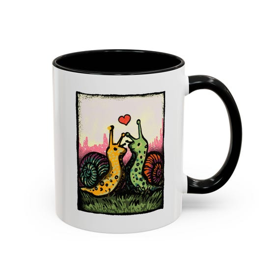 Snails in Love Ceramic Coffee Mug, Whimsical Snail Illustration Accent Cup