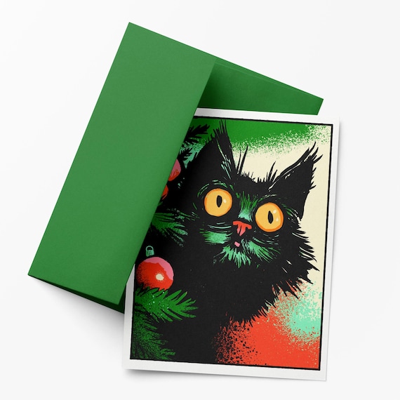 Black Cat Christmas Card: Oh Holy Night Holiday Art Note Card