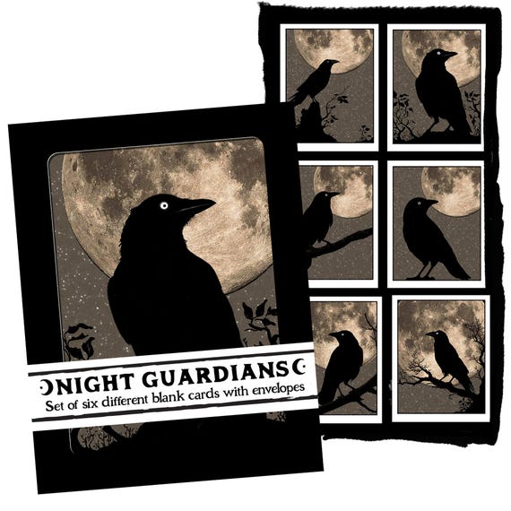 Crow & Moon Notecard Set: Gothic Whimsy Stationery, Kraft Envelopes