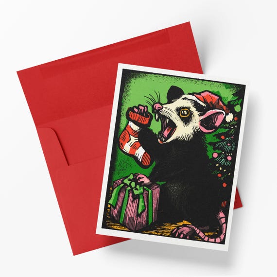 Seasons Screechings Notecard – Funny Possum Christmas Card, Dark Holiday Greeting, Blank Inside