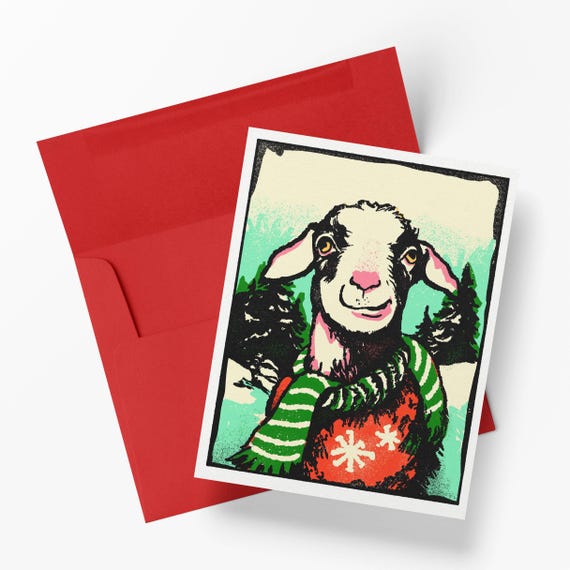 Holiday Goat Notecard – Funny Christmas Card, Farm Animal Greeting, Quirky Holiday Art, Blank Inside