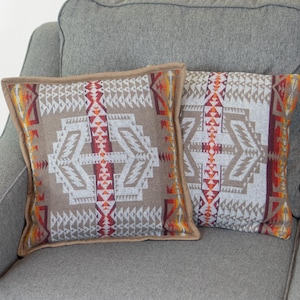Khaki Trail Reversible Pillow 16x16 Southwestern Statement Throw Pillow Aztec Western Cowboy Tan Brown Red