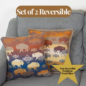 May include: Set of two reversible Pendleton wool pillows with a bison pattern. The pillows feature a color gradient from blue to orange, with bison silhouettes in various colors. The text "Set of 2 Reversible" is displayed at the top.