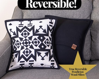 Condensed Black and White Reversible Pillow Wool Statement Throw One of a Kind Aztec Tribal Southwestern Cowboy