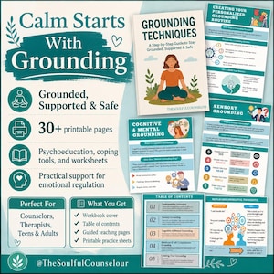 May include: A digital workbook titled Grounding Techniques with a step-by-step guide, featuring multiple printable pages, worksheets, and infographics on cognitive, mental, and sensory grounding strategies for emotional regulation and support.