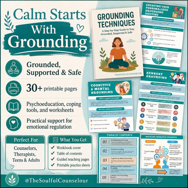 May include: A digital workbook titled Grounding Techniques with a step-by-step guide, featuring multiple printable pages, worksheets, and infographics on cognitive, mental, and sensory grounding strategies for emotional regulation and support.