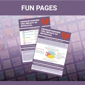 May include: Two printed pages titled "Understanding the Impact of Betrayal" with a broken heart graphic. The pages feature text about infidelity, including stages of grief and types of betrayal. The background is a purple gradient.