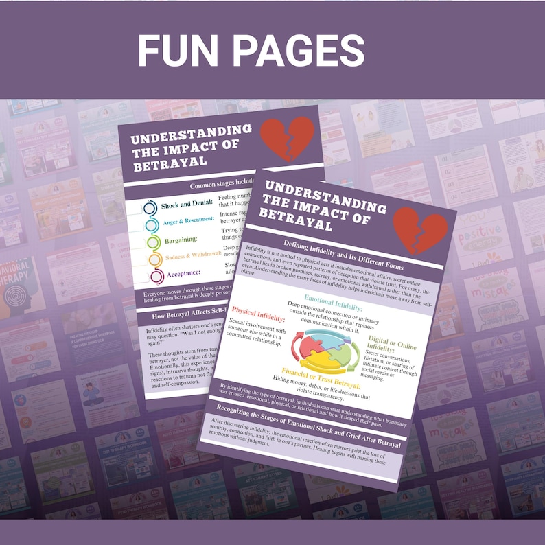 May include: Two printed pages titled "Understanding the Impact of Betrayal" with a broken heart graphic. The pages feature text about infidelity, including stages of grief and types of betrayal. The background is a purple gradient.