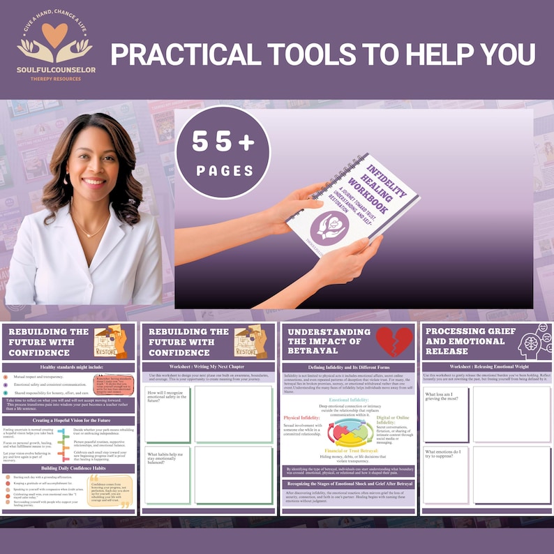 May include: A woman in a white blazer is featured next to a workbook titled "Infidelity Healing Workbook." The image includes the text "Practical Tools to Help You" and several worksheets focused on rebuilding confidence and processing grief.