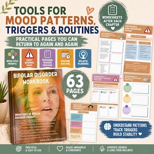 May include: A 63-page Bipolar Disorder Workbook with a cover featuring a person's face and text. The set includes various worksheets for mood cycle prompts, early warning signs, personal trigger trackers, routine building, and relapse planning.