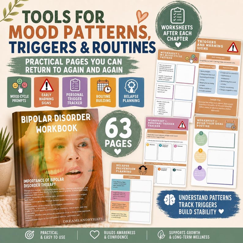 May include: A 63-page Bipolar Disorder Workbook with a cover featuring a person's face and text. The set includes various worksheets for mood cycle prompts, early warning signs, personal trigger trackers, routine building, and relapse planning.