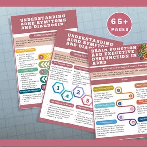 Puede incluir: Material educativo sobre los s&iacute;ntomas y el diagn&oacute;stico del TDAH, con infograf&iacute;as y diagramas. Las p&aacute;ginas cubren la funci&oacute;n cerebral, la disfunci&oacute;n ejecutiva y herramientas pr&aacute;cticas de apoyo. La combinaci&oacute;n de colores es principalmente rosa y blanco.