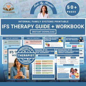 May include: A printable IFS Therapy Guide + Workbook with the text "Instant Download." The guide includes sections on internal family systems, with images and text. The cover features a woman and the text "Made by Therapist."