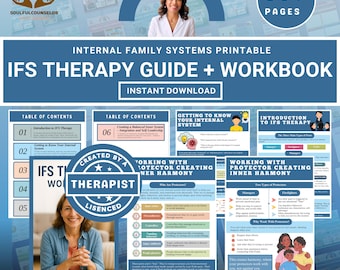 May include: A printable IFS Therapy Guide + Workbook with the text "Instant Download." The guide includes sections on internal family systems, with images and text. The cover features a woman and the text "Made by Therapist."