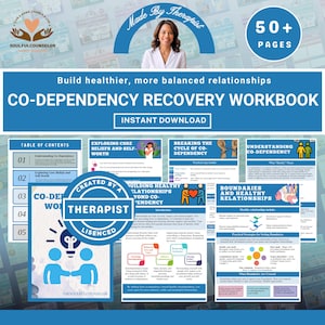 Könnte beinhalten: Ein digitales Arbeitsbuch mit dem Titel "CO-DEPENDENCY RECOVERY WORKBOOK" mit dem Text "INSTANT DOWNLOAD". Das Cover zeigt das Bild einer Frau und den Text "Made By Therapist". Das Arbeitsbuch enthält Abschnitte über Kernüberzeugungen, Grenzen und gesunde Beziehungen.