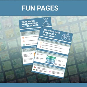 以下が含まれることがあります： 「Expanding Your Window of Tolerance」と「Mapping Your Triggers & Patterns」というタイトルの、青と白の2つの教育ページ。ページには、メンタルヘルスとウェルビーイングに関連するテキストとグラフィックが含まれています。「FUN PAGES」という言葉が上部にあります。
