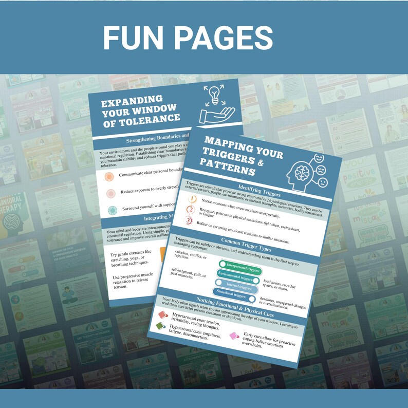 以下が含まれることがあります： 「Expanding Your Window of Tolerance」と「Mapping Your Triggers & Patterns」というタイトルの、青と白の2つの教育ページ。ページには、メンタルヘルスとウェルビーイングに関連するテキストとグラフィックが含まれています。「FUN PAGES」という言葉が上部にあります。