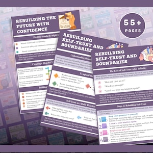 May include: A set of self-help guides titled "Rebuilding Self-Trust and Boundaries" and "Rebuilding the Future with Confidence." The guides feature text and colorful graphics, with a page count of 55+.