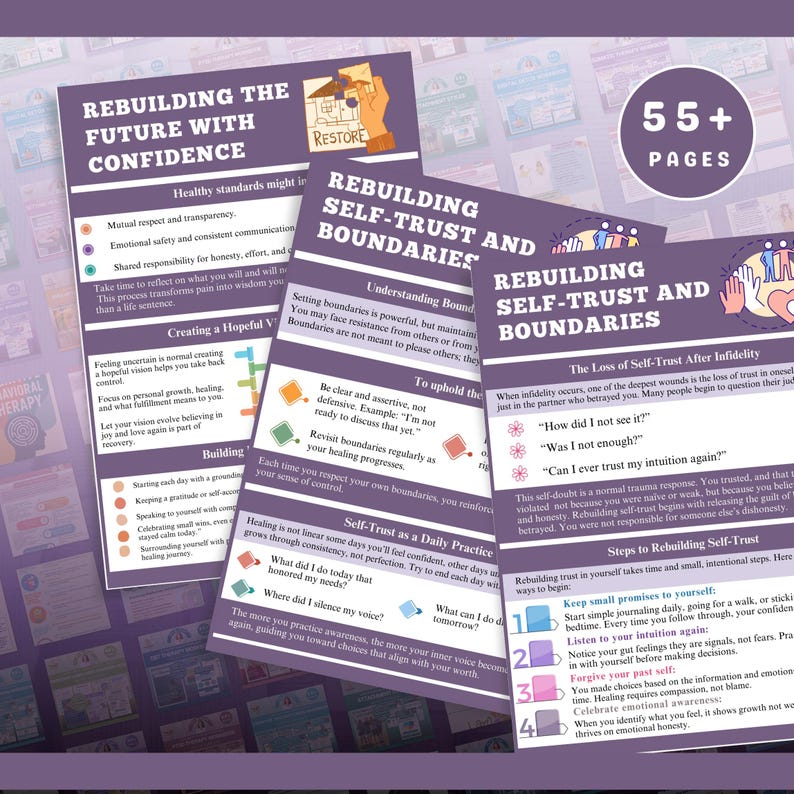 May include: A set of self-help guides titled "Rebuilding Self-Trust and Boundaries" and "Rebuilding the Future with Confidence." The guides feature text and colorful graphics, with a page count of 55+.