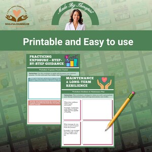 May include: A green and white printable worksheet titled "Practicing Exposure" and "Maintenance & Long-Term Resilience." The image includes a pencil and the text "Printable and Easy to use."