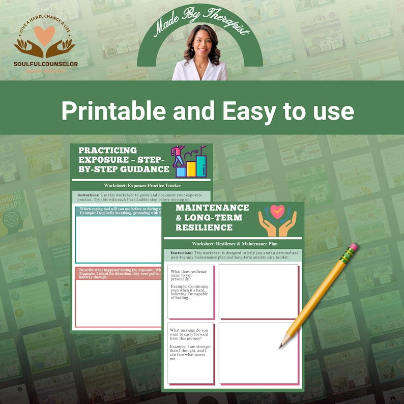 May include: A green and white printable worksheet titled "Practicing Exposure" and "Maintenance & Long-Term Resilience." The image includes a pencil and the text "Printable and Easy to use."