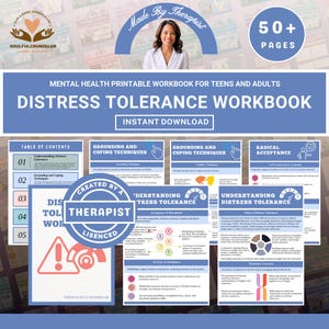Könnte beinhalten: Ein druckbares Arbeitsbuch zur psychischen Gesundheit für Jugendliche und Erwachsene mit dem Titel "Distress Tolerance Workbook". Das Cover zeigt ein Foto eines Therapeuten und den Text "Made by Therapist". Das Arbeitsbuch umfasst über 50 Seiten.