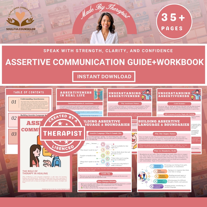 assertive communication workbook, how to be assertive printable, communication skills workbook, adult therapy worksheets, assertiveness therapy, printable communication journal, set boundaries workbook, learn to say no, speak up therapy tool, therapist resource communication, trauma informed communication, self help workbook for adults, social skills printable, printable mental health workbook, emotional expression journal