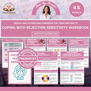May include: A pink and white mental health printable workbook for teens and adults. The workbook, titled "Coping with Rejection Sensitivity," is an instant download and has 45 pages. It includes sections on identifying triggers, building coping skills, and sustaining resilience.