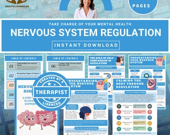 Op de afbeelding: Een digitale download met de titel "Nervous System Regulation" met de tekst "Instant Download". De afbeelding toont een vrouw en verschillende pagina's met inhoud over geestelijke gezondheid.