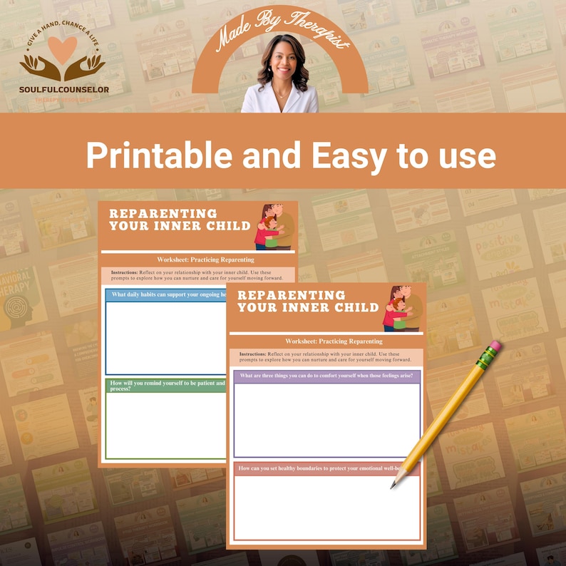 Puede incluir: Dos hojas de trabajo imprimibles tituladas "Reparenting Your Inner Child" con indicaciones para la autorreflexi&oacute;n. Un l&aacute;piz descansa en la esquina de las hojas de trabajo. La imagen incluye el texto "Printable and Easy to use."