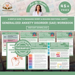 May include: A workbook on Generalized Anxiety Disorder (GAD), available for instant download. The cover displays a therapist's image and the text "Made by Therapist." The workbook includes content on anxiety triggers and thought patterns.