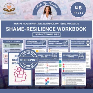 以下が含まれることがあります： 10代と大人のためのメンタルヘルスの印刷可能なワークブック「Shame-Resilience Workbook」。インスタントダウンロード、45ページ。表紙にはセラピストの写真が掲載されています。恥の理解とトリガーの認識に関するセクションが含まれています。