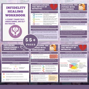 May include: Infidelity Healing Workbook with a purple cover. The workbook's title is in large, bold letters. The cover features a heart symbol and the text "A Journey Toward Trust, Understanding, and Self-Restoration."