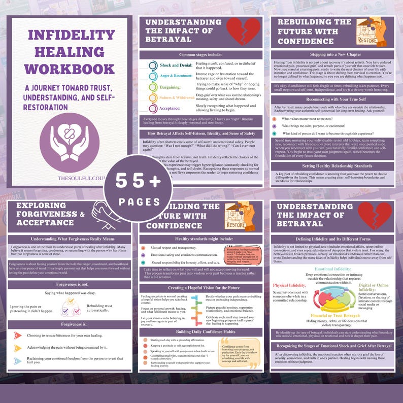 May include: Infidelity Healing Workbook with a purple cover. The workbook's title is in large, bold letters. The cover features a heart symbol and the text "A Journey Toward Trust, Understanding, and Self-Restoration."