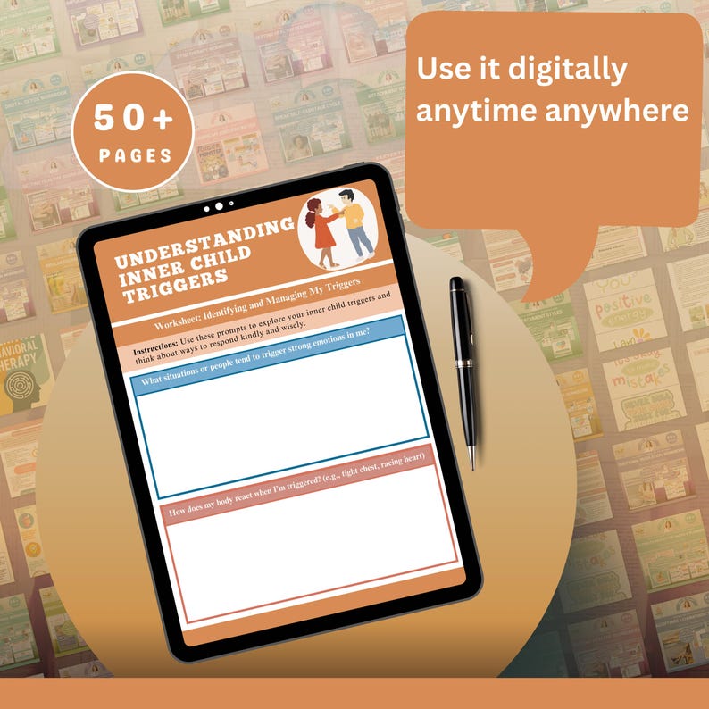 Puede incluir: Una tableta digital que muestra una hoja de trabajo titulada "Understanding Inner Child Triggers". La hoja de trabajo incluye indicaciones para identificar y gestionar los desencadenantes. Un bol&iacute;grafo negro descansa junto a la tableta. La imagen tambi&eacute;n presenta el texto "50+ PAGES" y "&Uacute;selo digitalmente en cualquier momento y lugar."